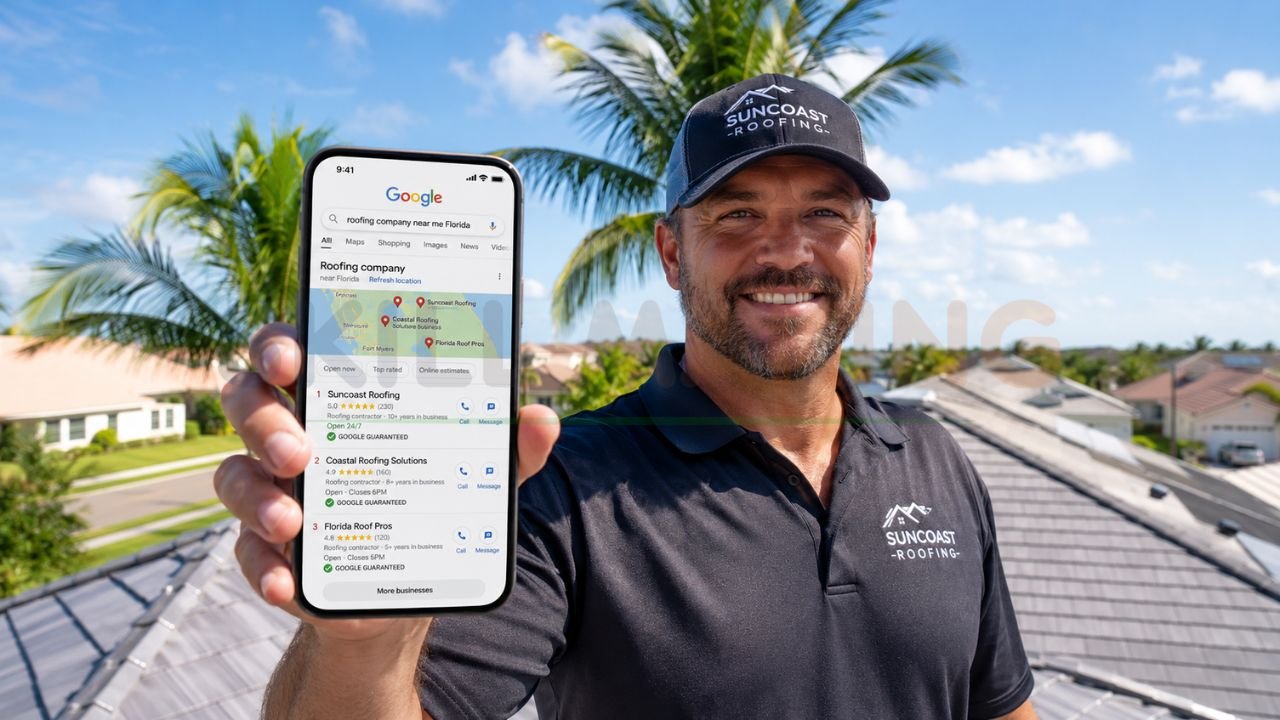 Florida roofing contractor showing Google Maps ranking results on a smartphone for local roofing searches