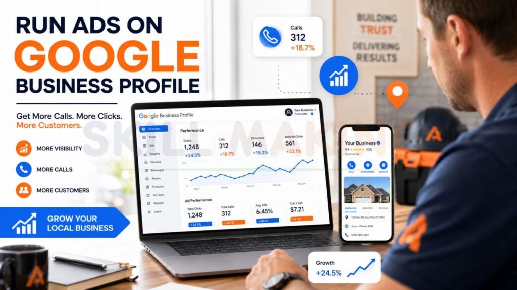 Infographic showing how to run ads on Google Business Profile to increase visibility, calls, clicks, and local customer leads