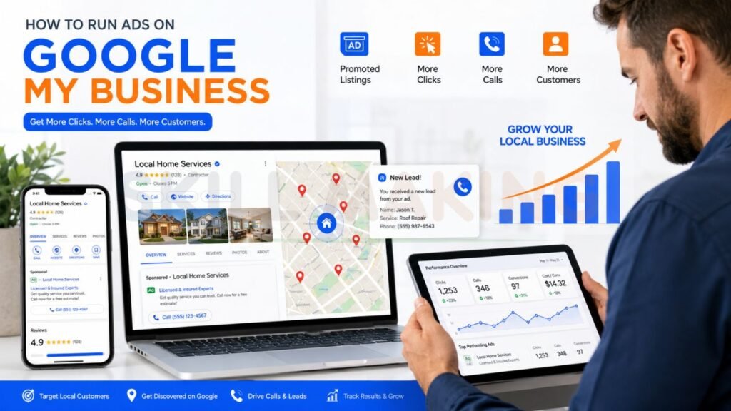 Infographic showing how to run ads on Google My Business to increase local visibility, phone calls, clicks, and customer leads