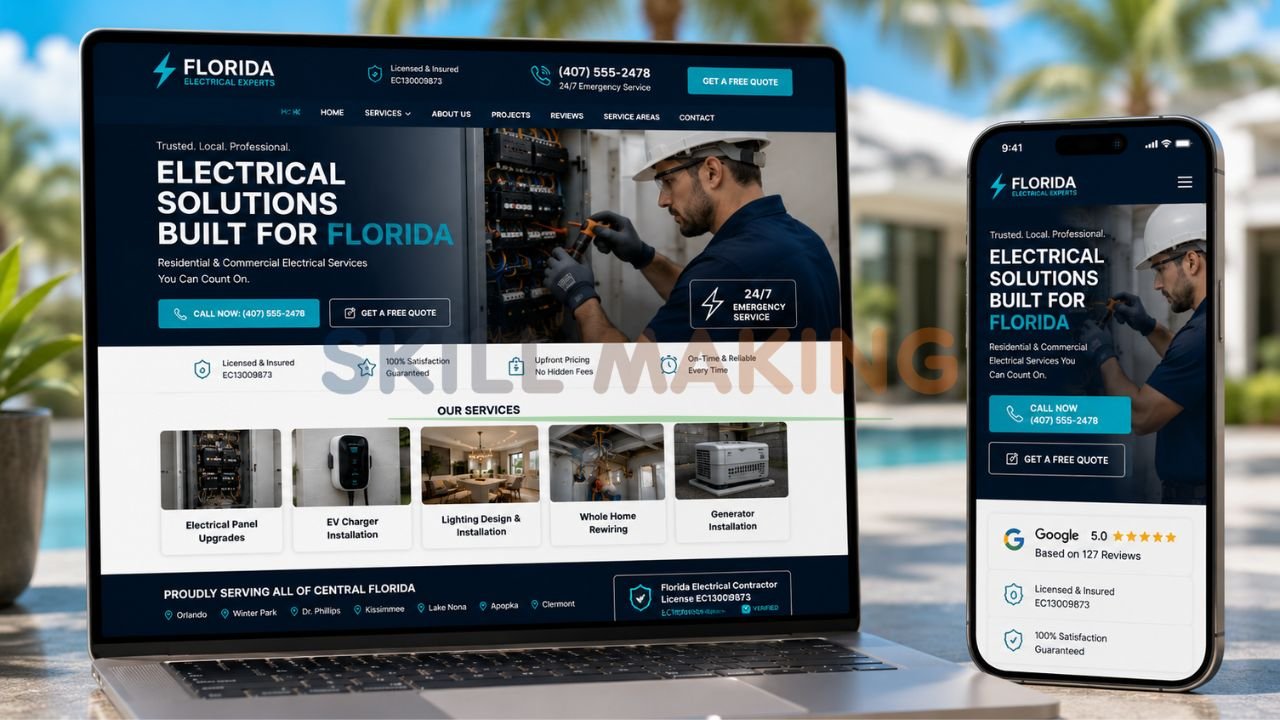 Professional electrical business website mockup on laptop and mobile for Florida contractors