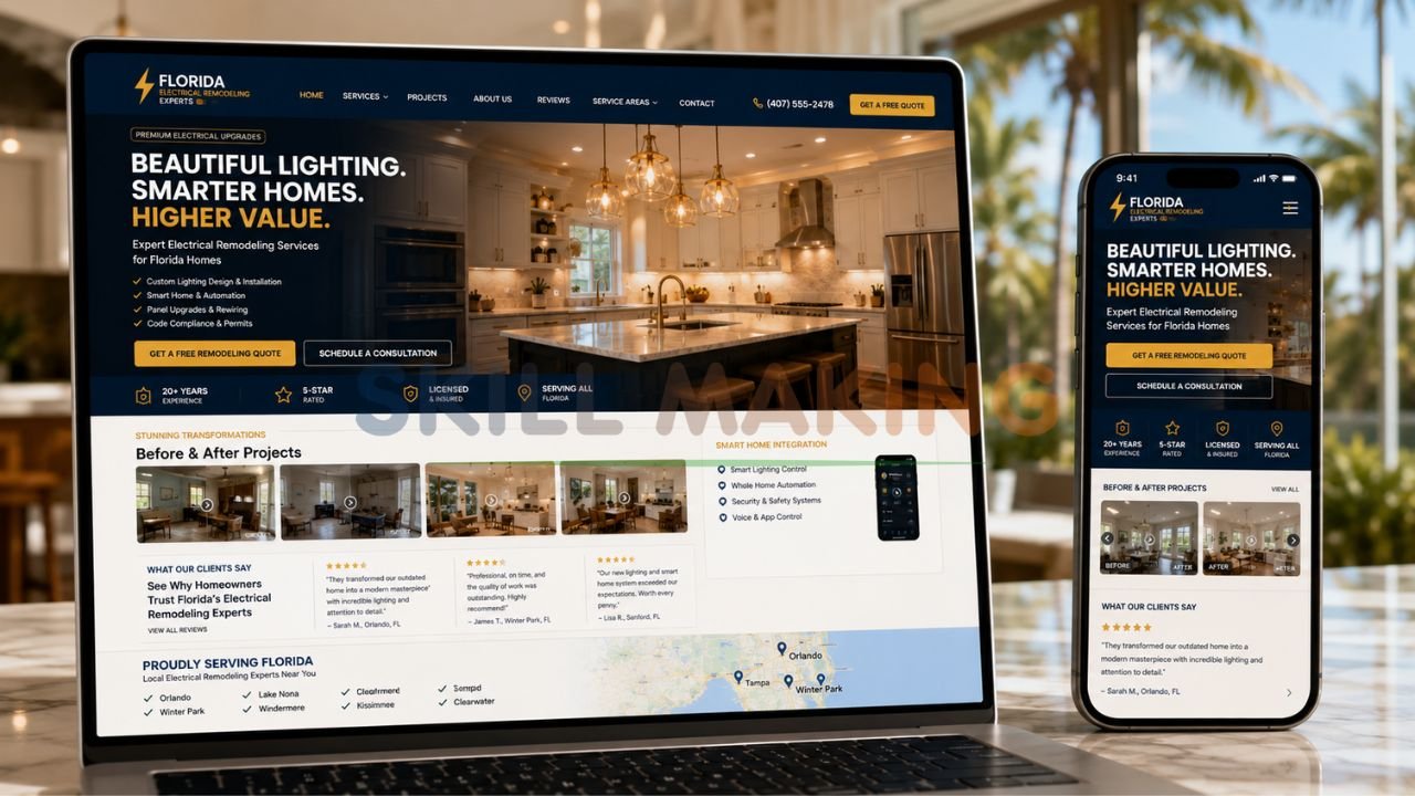 Professional electrical remodeling contractor website mockup on laptop and mobile optimized for Florida