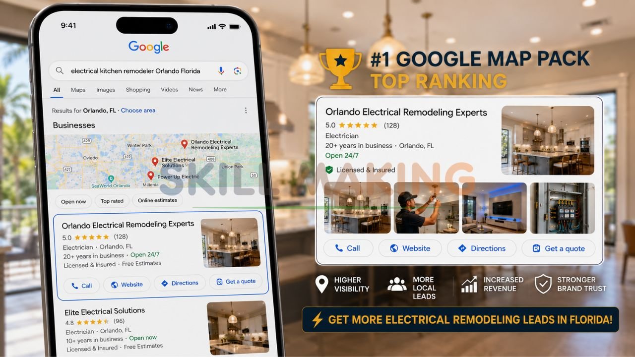 Google search results showing electrical remodeling contractor ranking in Florida Map Pack