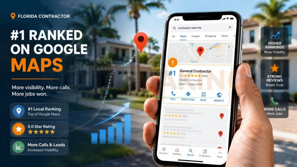 Florida contractor ranking first on Google Maps with 5-star reviews and increased local leads