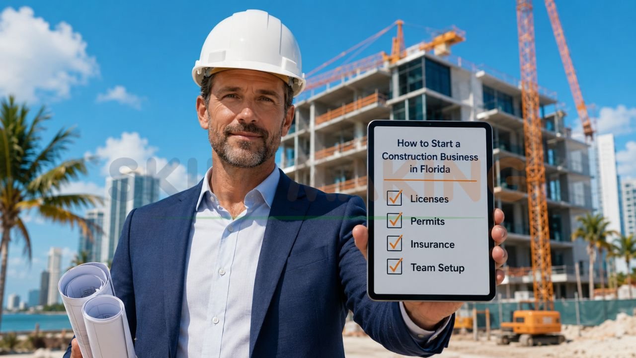 construction contractor showing checklist on how to start a construction business in Florida including licenses permits insurance and team setup