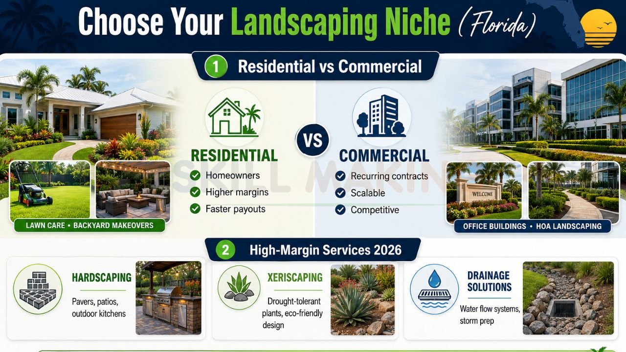 Infographic comparing residential and commercial landscaping services and profitable landscaping niches in Florida.