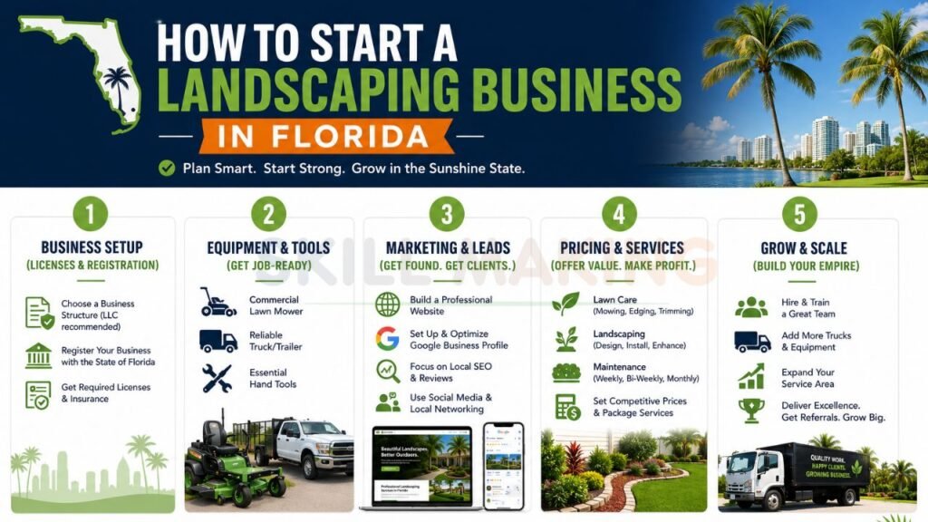 Step-by-step infographic explaining how to start a landscaping business in Florida including licensing, equipment, marketing, pricing, and growth.