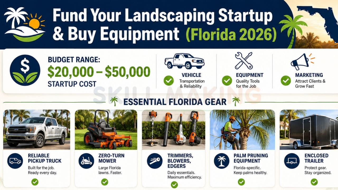 Landscaping startup infographic showing equipment costs, business startup budget, and essential landscaping tools in Florida.