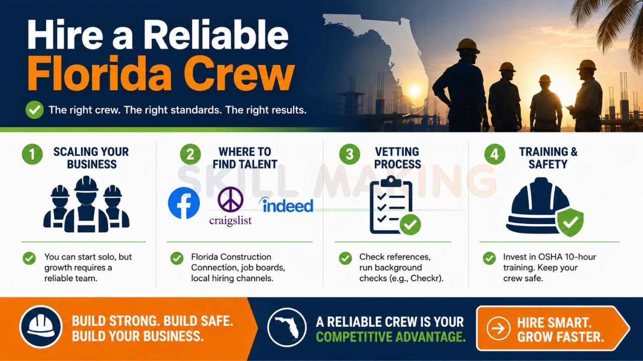 Infographic about hiring reliable construction workers and building a strong crew in Florida.