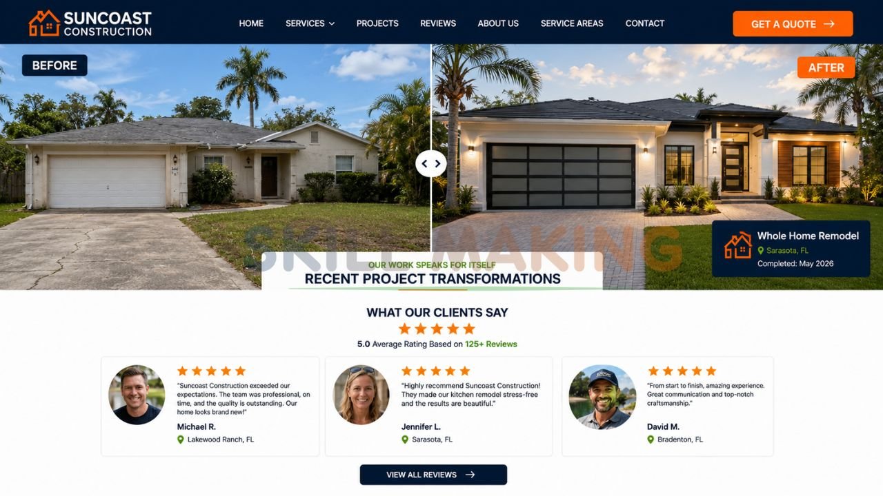 Before and after construction project with customer reviews on professional website