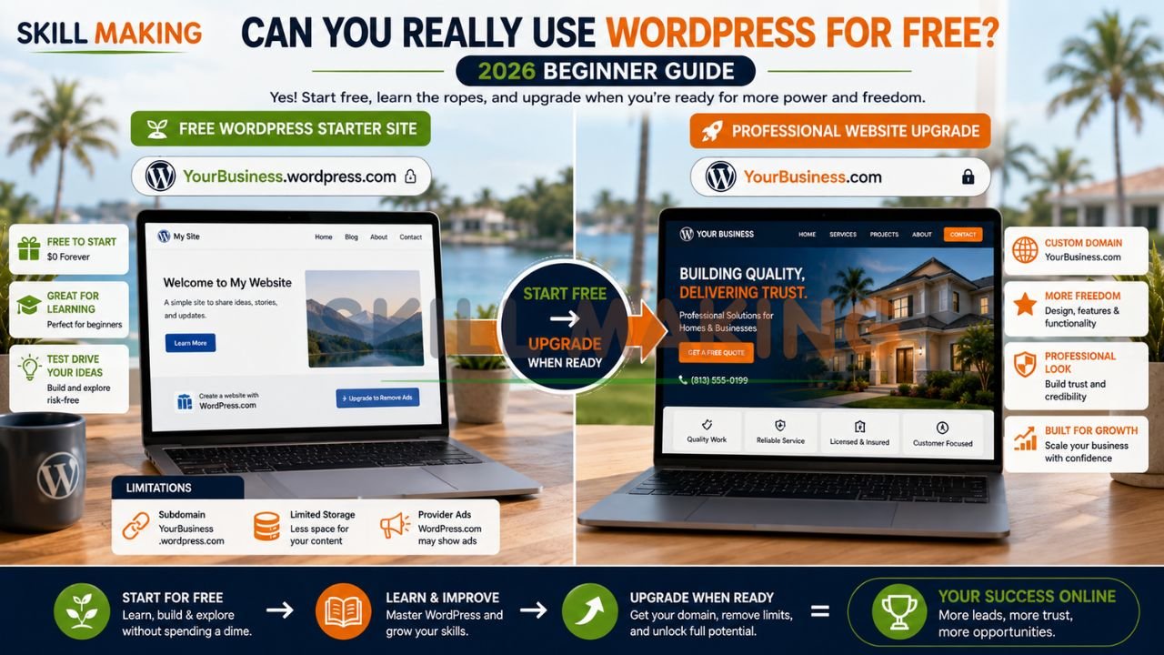 Infographic comparing a free WordPress website with limited features versus a professional custom domain website for beginners