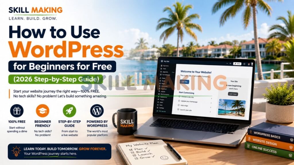 Beginner happily learning WordPress for free on laptop with Skill Making colors