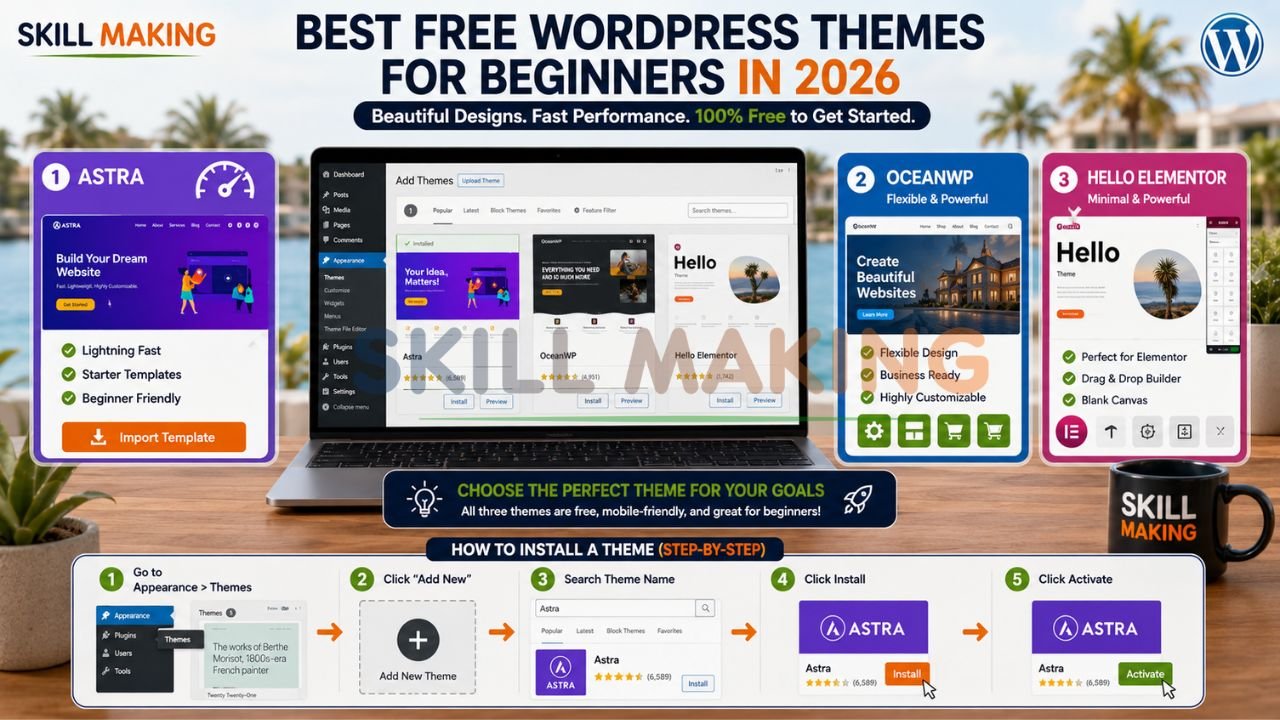Infographic showing Astra, OceanWP, and Hello Elementor free WordPress themes with step-by-step installation guide for beginners