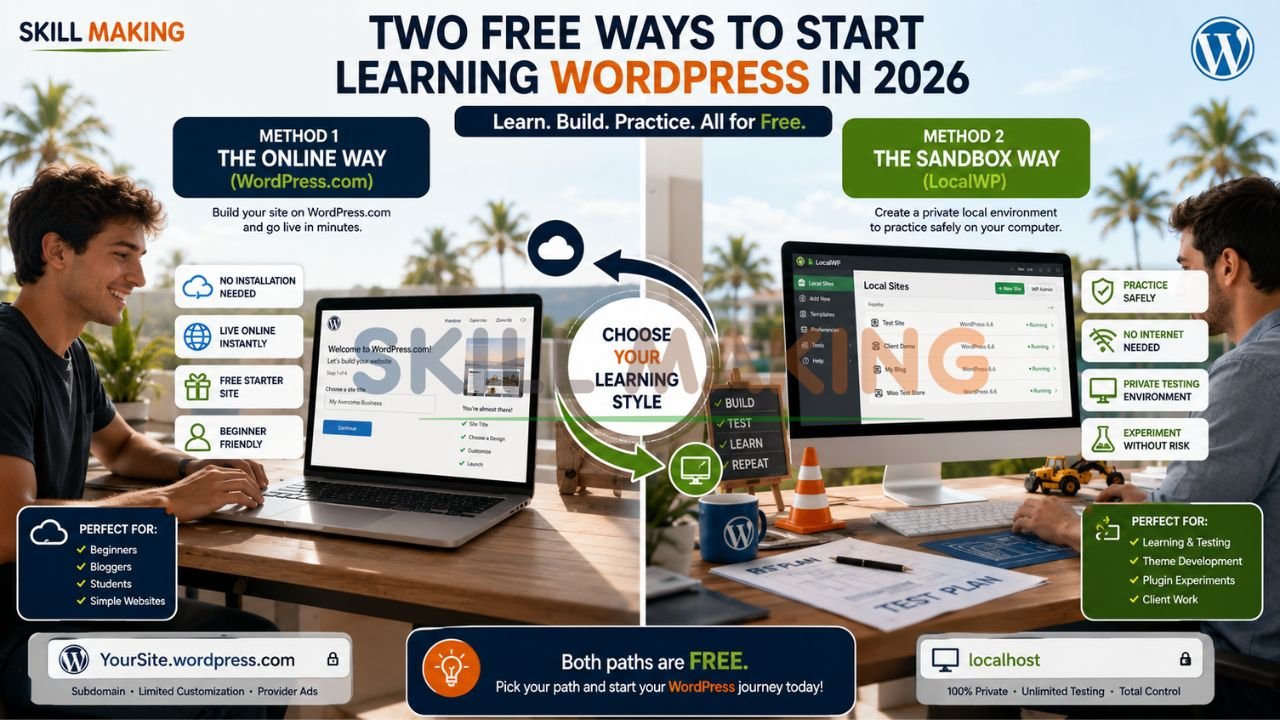 Infographic comparing WordPress.com online setup and LocalWP sandbox environment for beginners learning WordPress for free