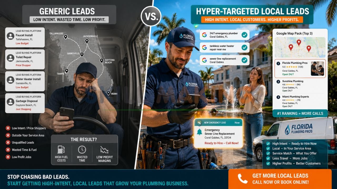 Comparison between low-quality plumbing leads and high-intent emergency local plumbing leads in Florida