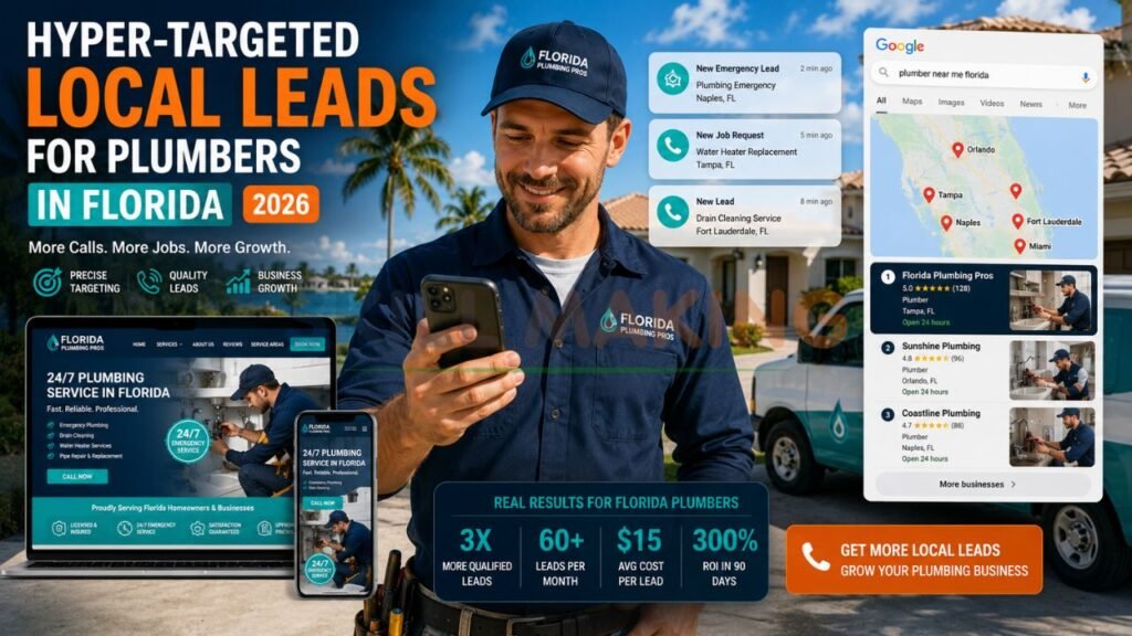 Florida plumber receiving hyper-targeted local leads on smartphone with emergency service background
