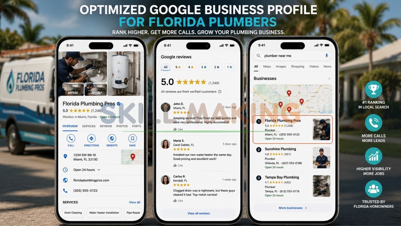 Google Business Profile and Map Pack showing plumbing contractor ranking high in Florida cities