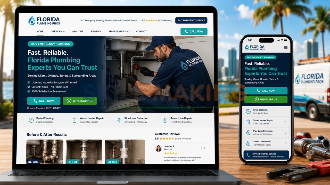 Modern professional plumbing contractor website mockup optimized for Florida local leads