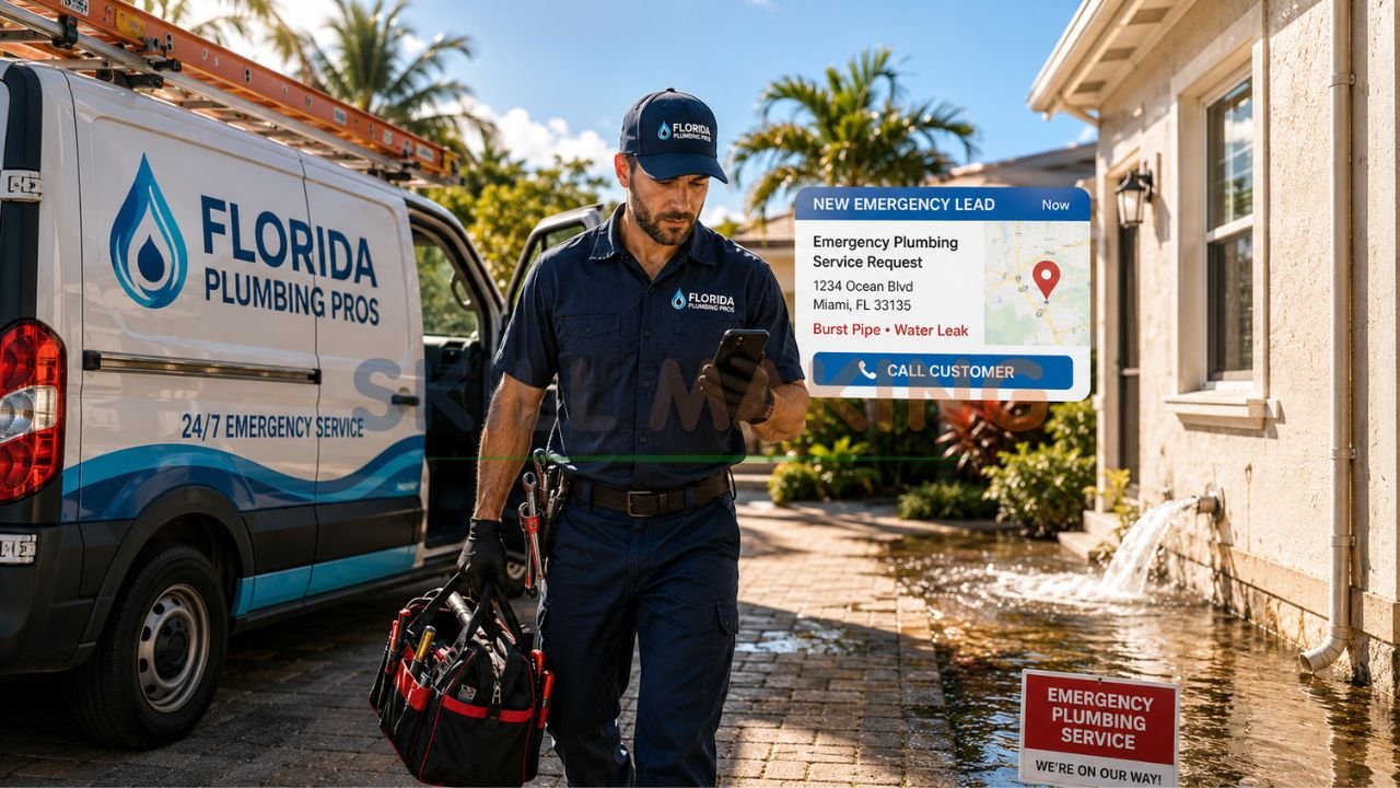 Professional Florida plumber responding to emergency call with branded van and tools