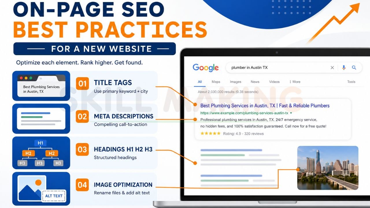 On-page SEO infographic showing title tags, meta descriptions, heading tags, and image optimization for improving Google rankings