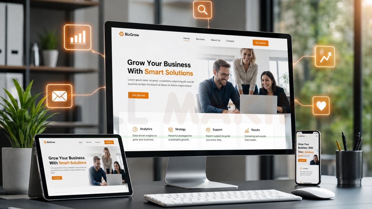 Modern business website design displayed across desktop, tablet, and mobile devices