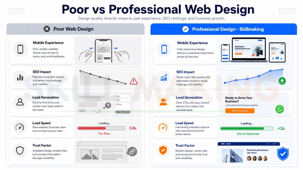 Comparison between poor web design and professional web design for SEO and lead generation