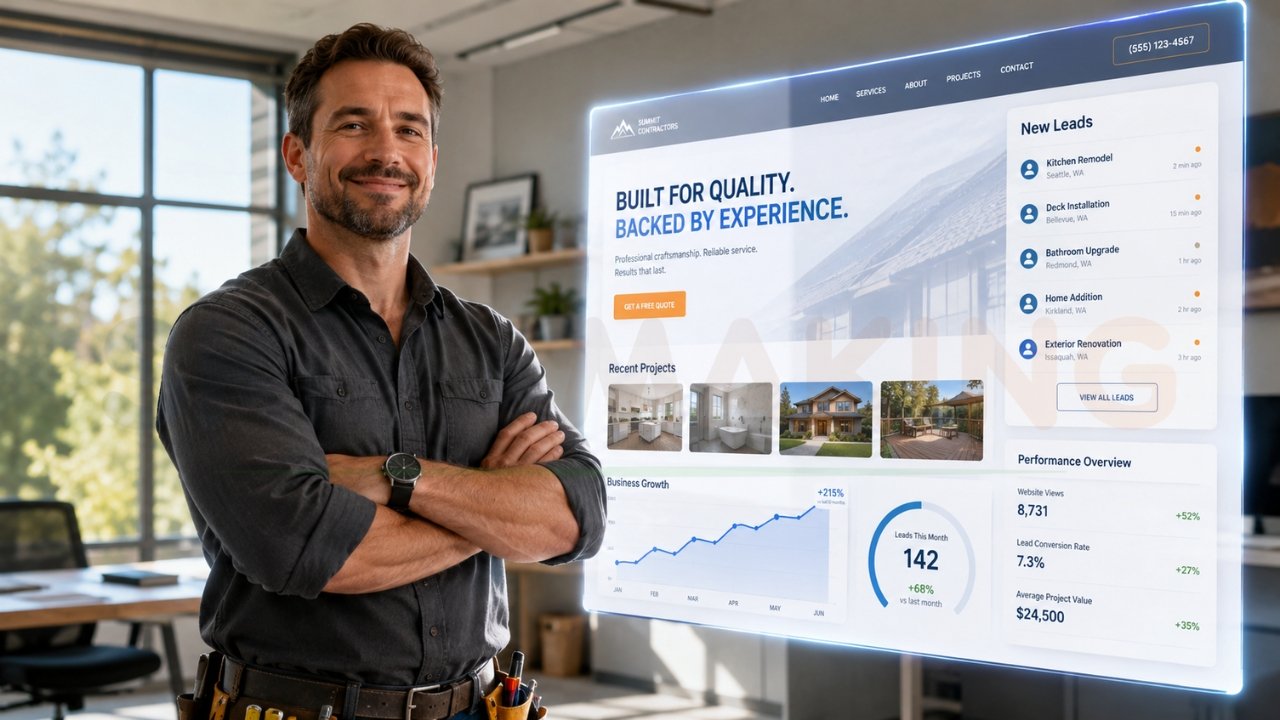 Contractor standing beside a lead-generating business website dashboard showing projects, new leads, and performance analytics