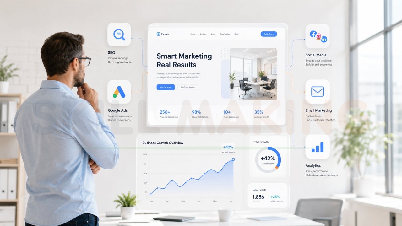 Business owner reviewing digital marketing website strategy with SEO and analytics