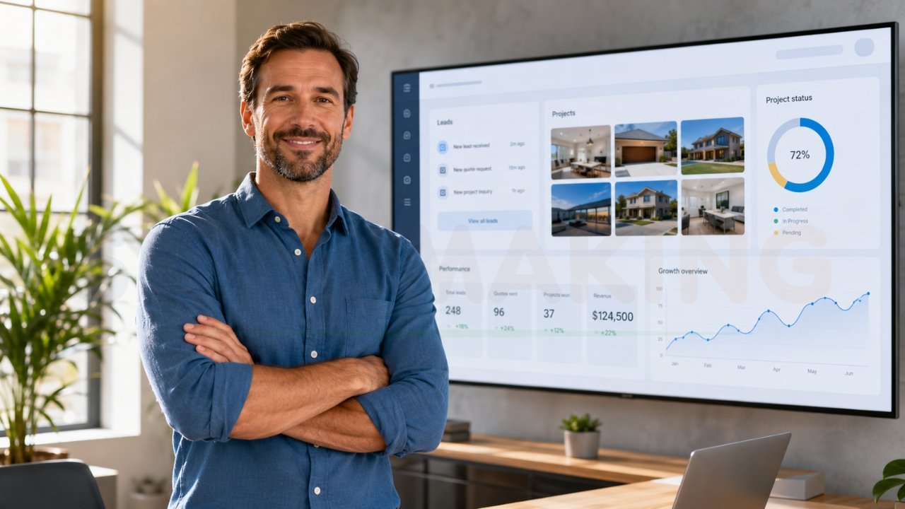 Business owner standing in front of website analytics and lead generation dashboard