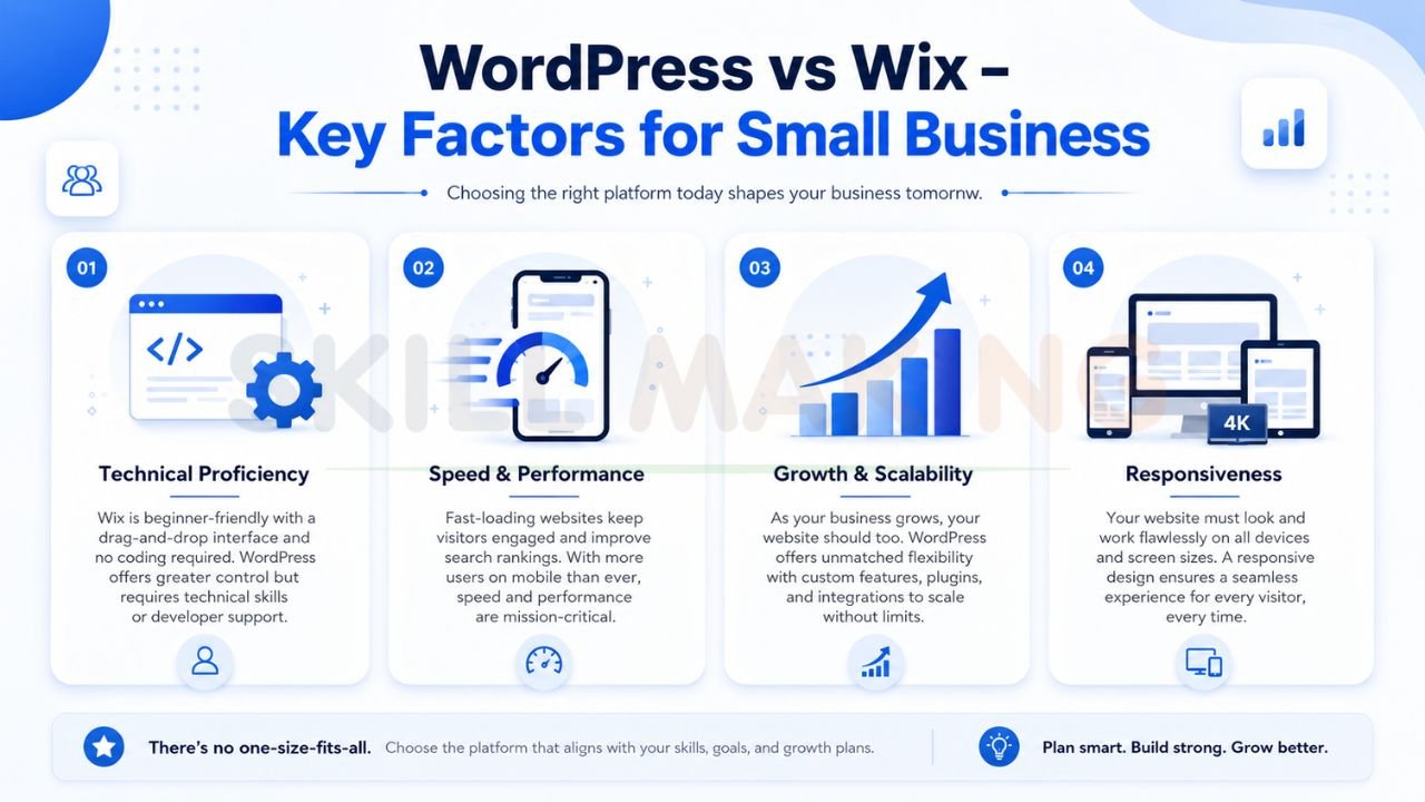 WordPress vs Wix comparison showing speed, scalability, responsiveness, and technical proficiency factors for small businesses