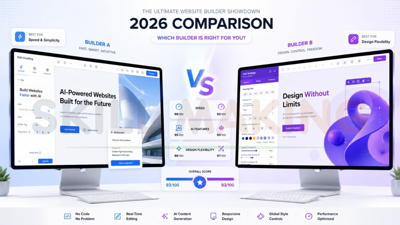 2026 website builder comparison between two AI-powered page builders showing speed, AI features, design flexibility, and performance scores
