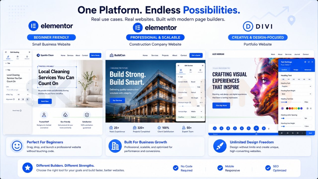 Elementor and Divi website builder examples for small business, construction company, and creative portfolio websites