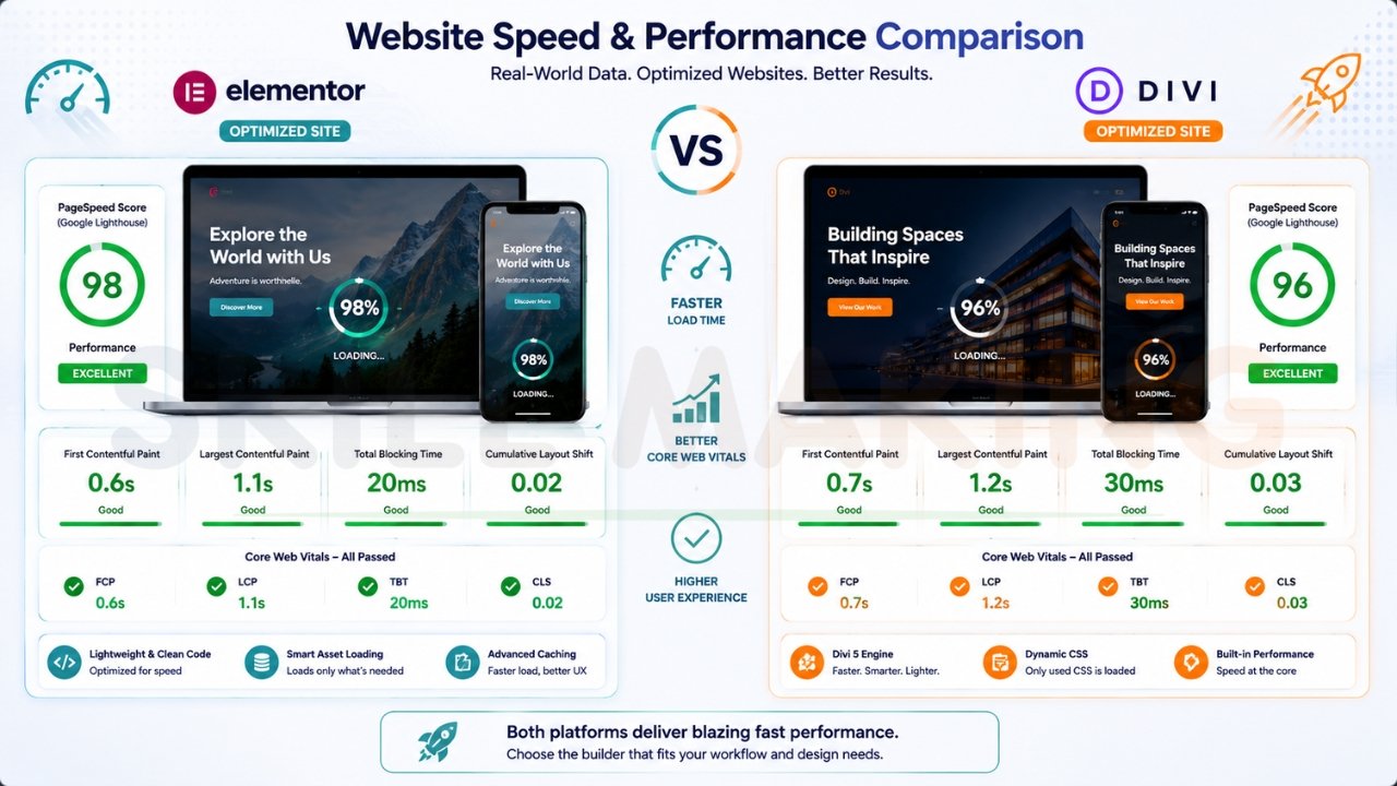 Elementor vs Divi website speed and performance comparison with Core Web Vitals, PageSpeed scores, and loading times