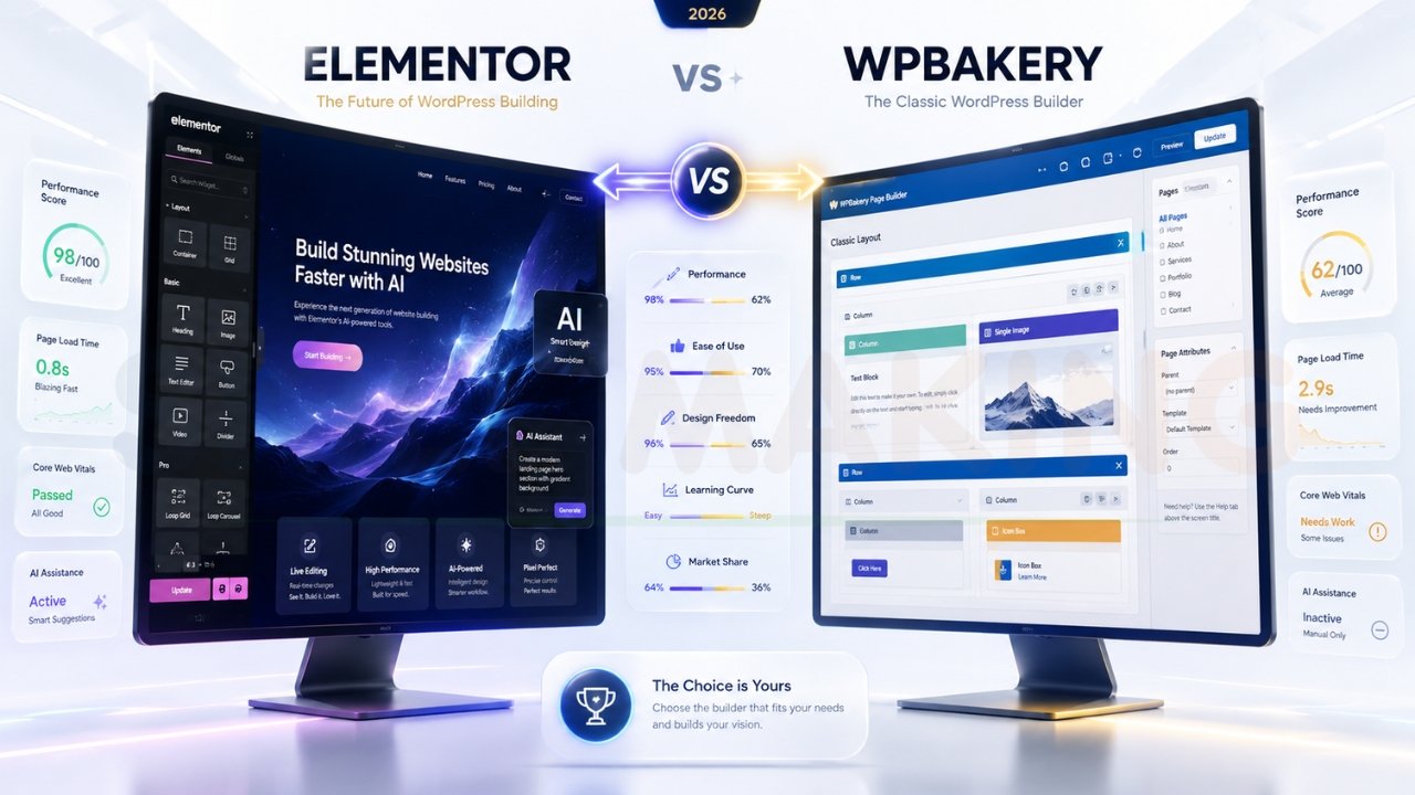 Elementor vs WPBakery comparison infographic showing WordPress page builder performance, speed, design flexibility, and AI features