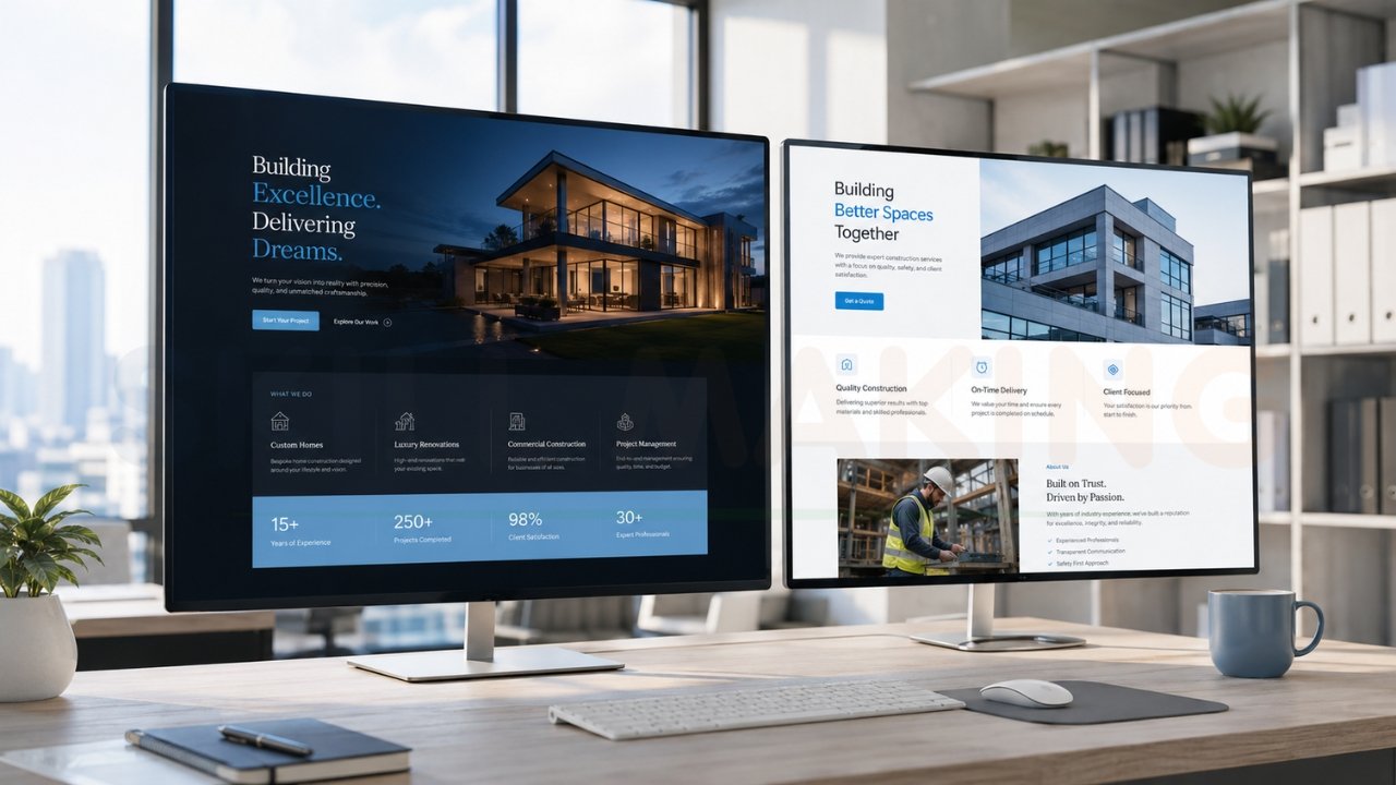 Modern construction company website designs displayed on dual desktop monitors in a professional office workspace