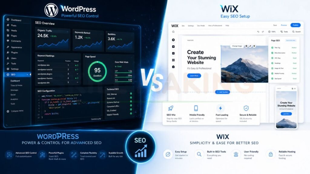 SEO comparison between WordPress and Wix showing rankings, page speed, SEO tools, and website optimization features