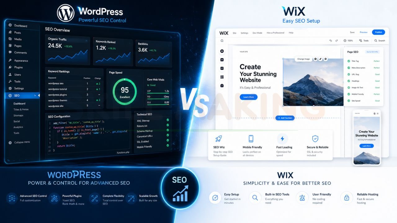 SEO comparison between WordPress and Wix showing rankings, page speed, SEO tools, and website optimization features