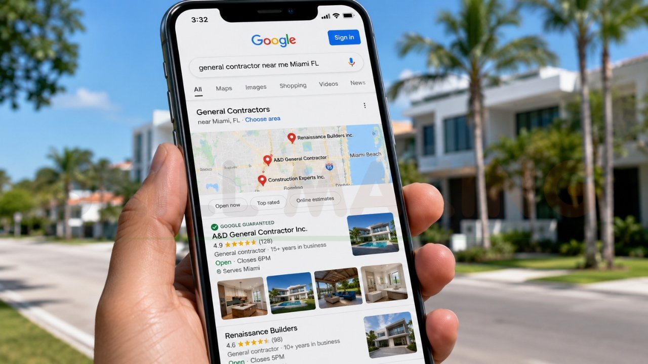 Google search results for general contractors in Miami showing local SEO rankings and Google Guaranteed listings