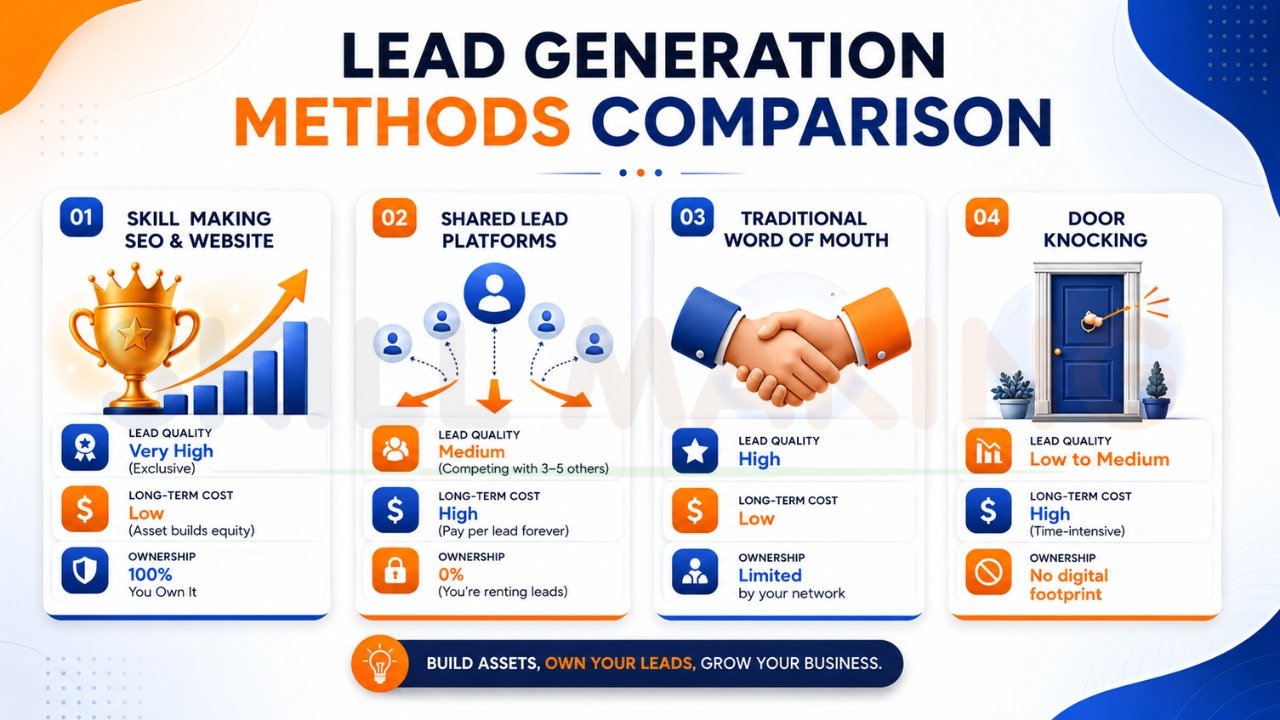 Lead generation methods comparison for contractors including SEO, shared leads, referrals, and door knocking