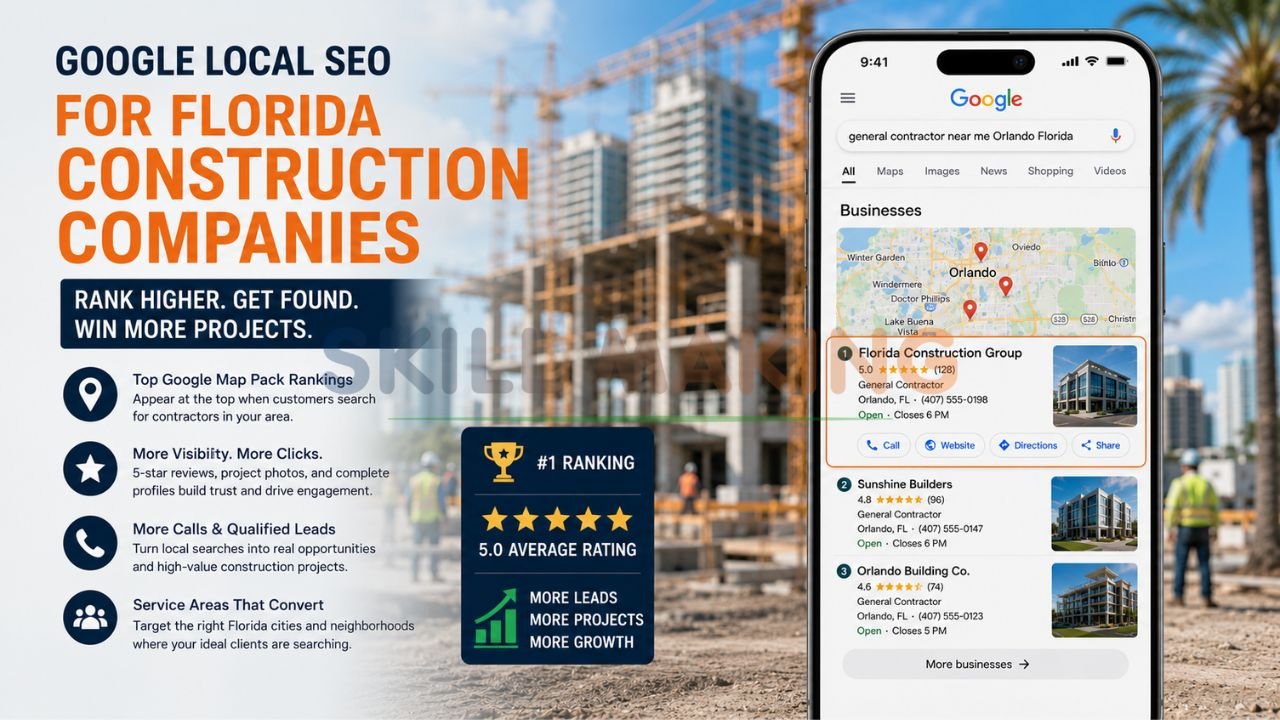 Google search results and Map Pack showing construction company ranking high in Florida cities like Miami or Orlando