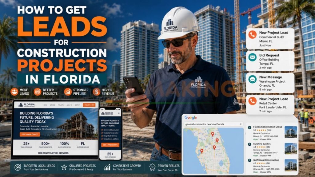 Florida construction contractor on job site receiving qualified project leads with modern buildings background