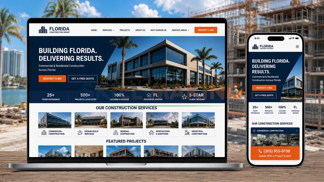 Modern professional construction company website mockup optimized for Florida project leads