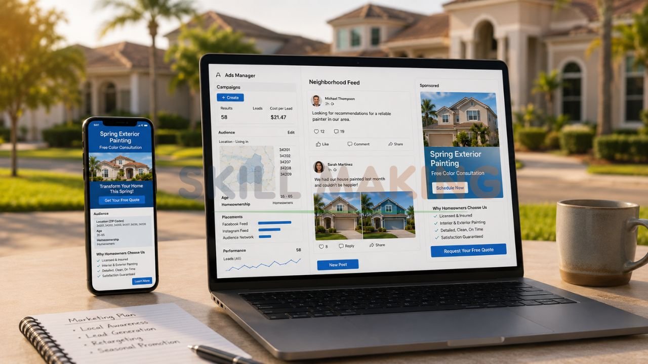 Facebook and Instagram ad campaign dashboard for residential painting services with lead generation and local targeting.