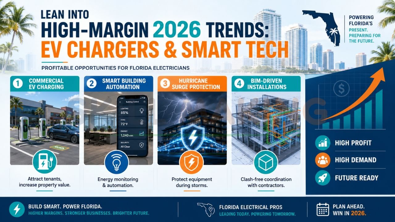 2026 electrical industry trends infographic featuring EV charger installation smart building automation surge protection and BIM electrical systems in Florida