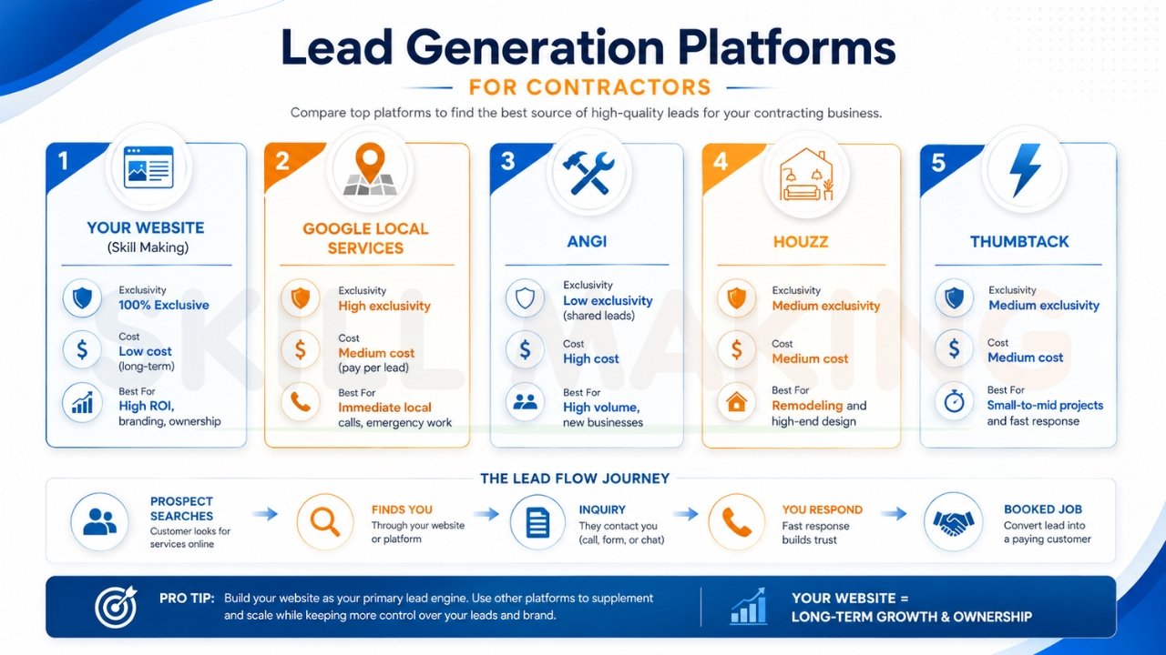 Comparison of lead generation platforms for contractors including Google Local Services, Angi, Houzz, and Thumbtack