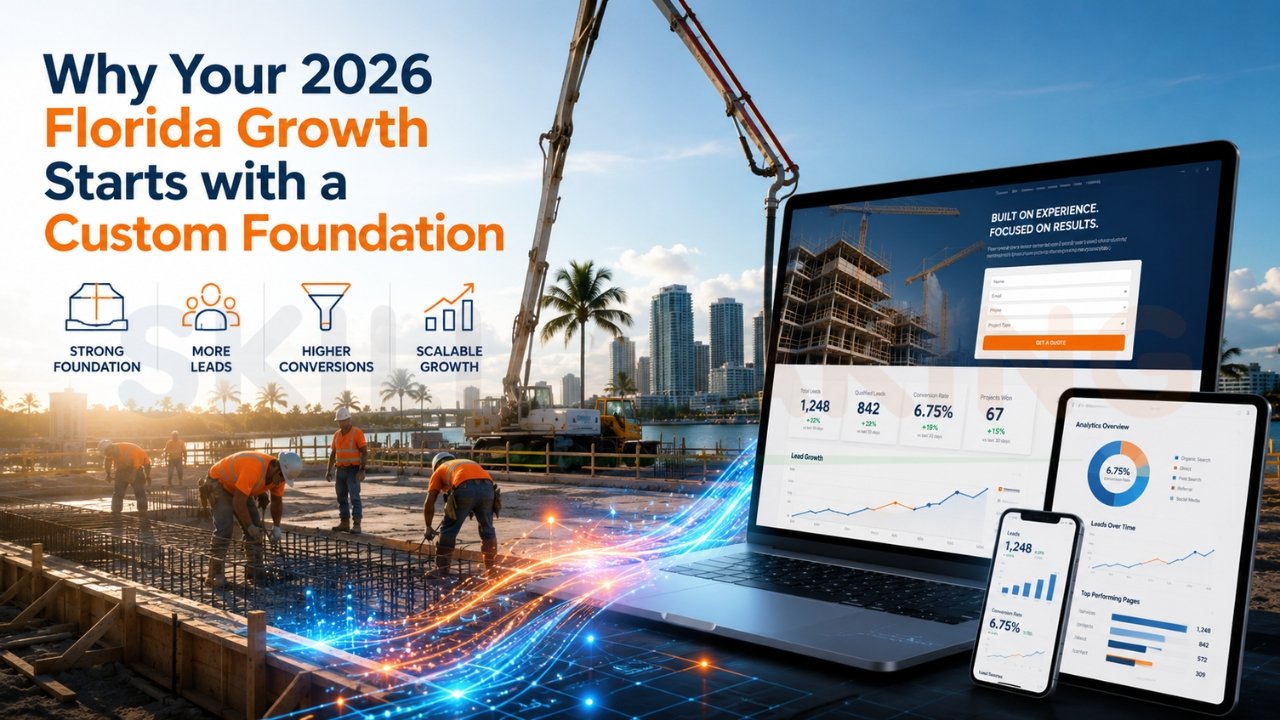 Florida construction website design concept showing custom website growth strategy with lead generation, conversions, analytics dashboard, and scalable business growth