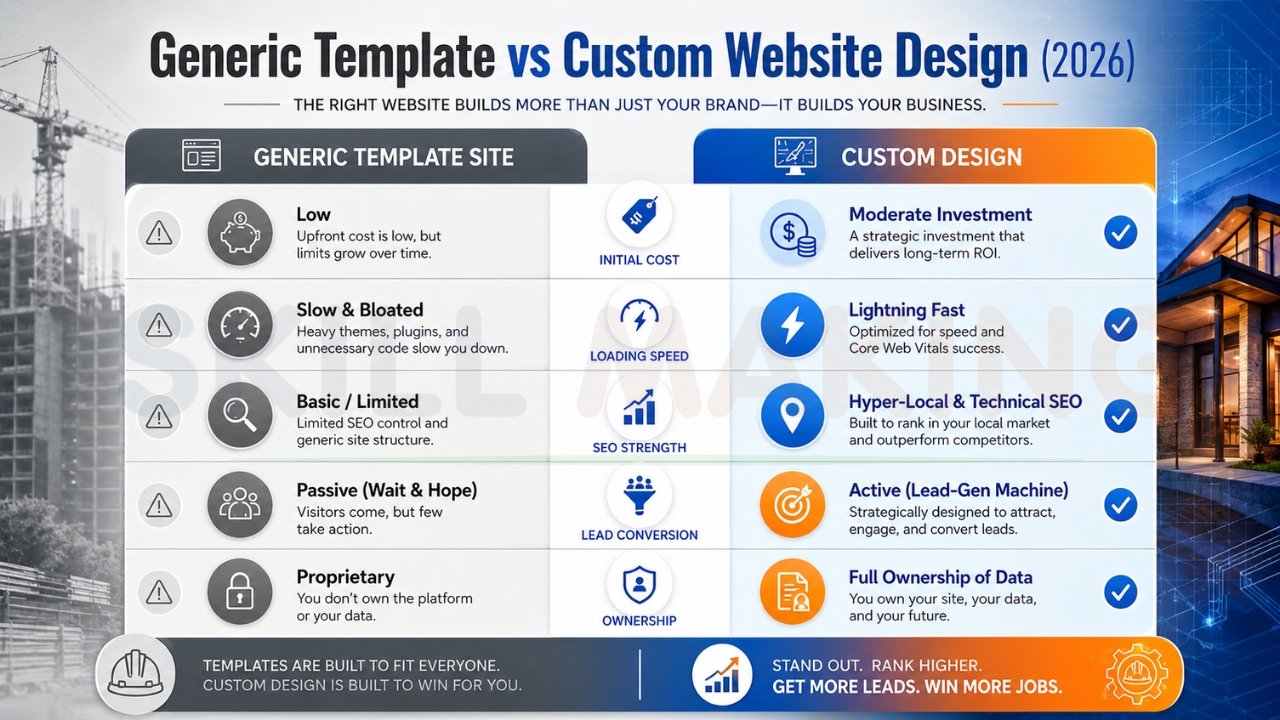 Generic template vs custom website design comparison infographic showing speed, SEO, lead generation, ownership, and conversion benefits in 2026