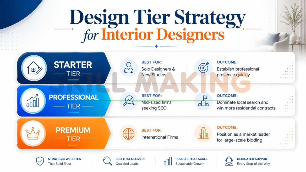 Design tier strategy infographic for interior designers showing starter, professional, and premium website design and SEO packages
