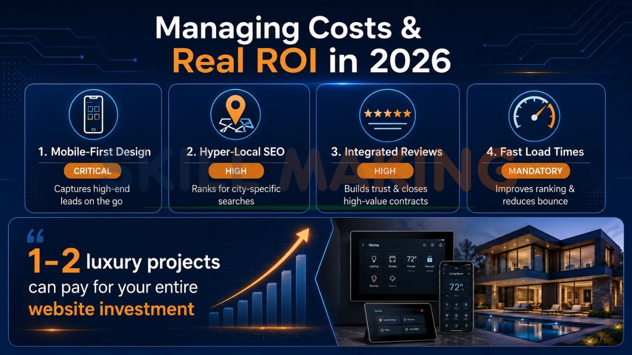 Infographic about managing website costs and SEO ROI for smart home companies featuring mobile-first design, hyper-local SEO, reviews, and fast load speeds