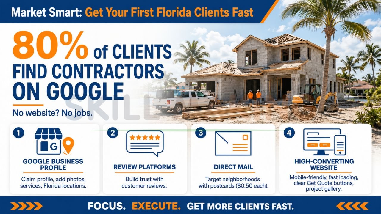 Florida contractor marketing strategy showing Google Business Profile reviews direct mail and high converting website for getting construction clients fast