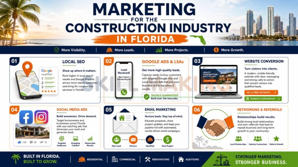 Construction marketing infographic showing digital marketing strategies for Florida contractors and builders.
